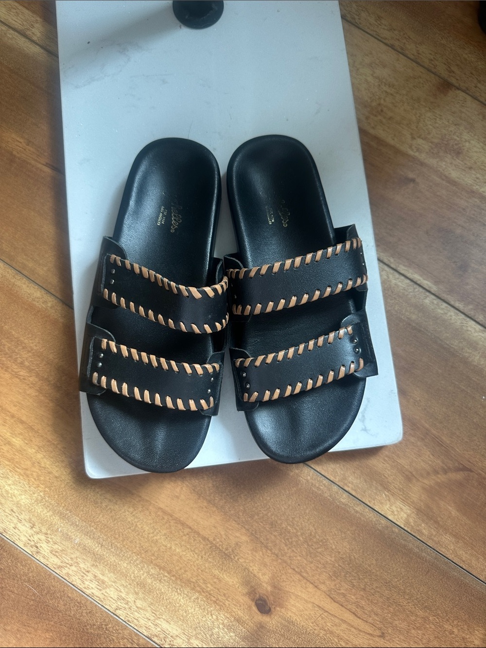 Seychelles Black Slide Sandals with Tan Whipstitch Trim